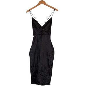 Glare | Black midi spaghetti strap crossover v-neck bodycon dress